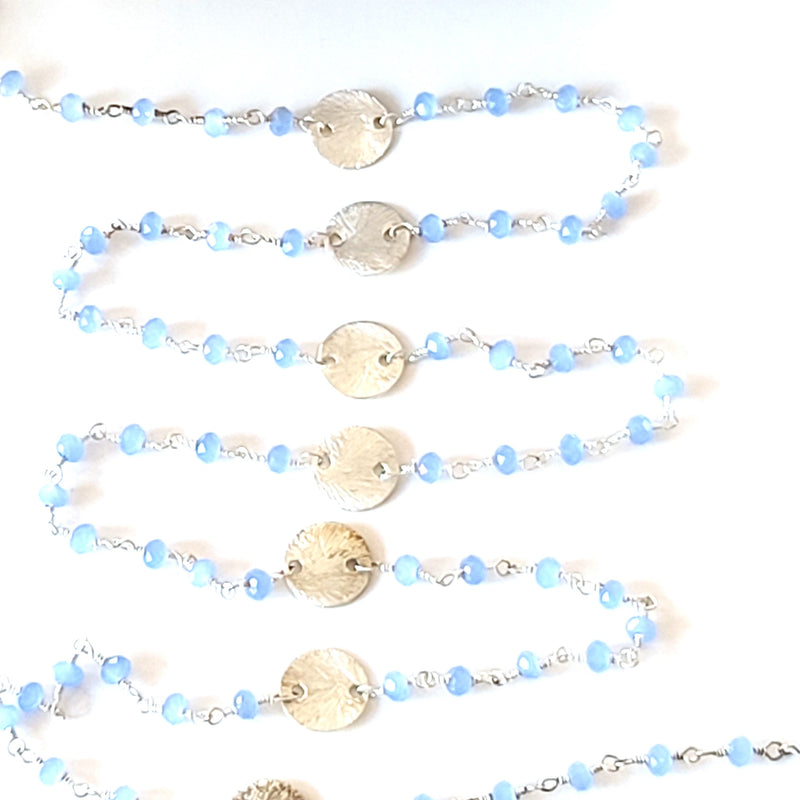 Peruvian Blue Chalcedony gemstone faceted rondelle bead rosary coin chain silver, women jewelry making necklaces, earrings, anklets, and bracelets.