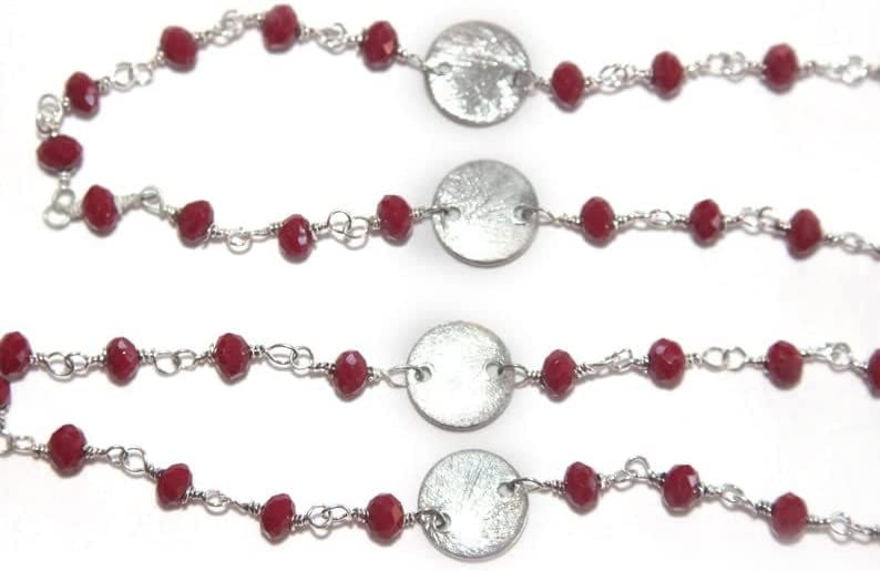 Coral Quartz gemstone faceted rondelle bead rosary coin chain silver, women jewelry making necklaces, earrings, anklets, and bracelets.