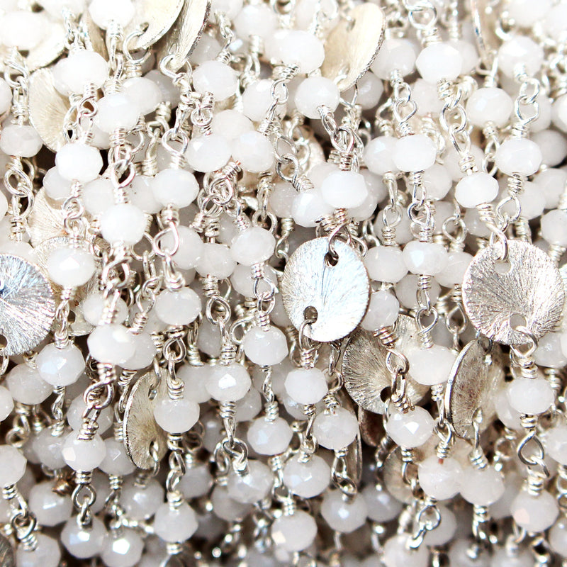White Chalcedony gemstone faceted rondelle bead rosary coin chain silver, women jewelry making necklaces, earrings, anklets, and bracelets.