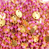 Fuschia Pink Chalcedony natural gemstone faceted rondelle bead rosary coin chain 24k gold plated over silver, women jewelry making necklaces, earrings, anklets, and bracelets.