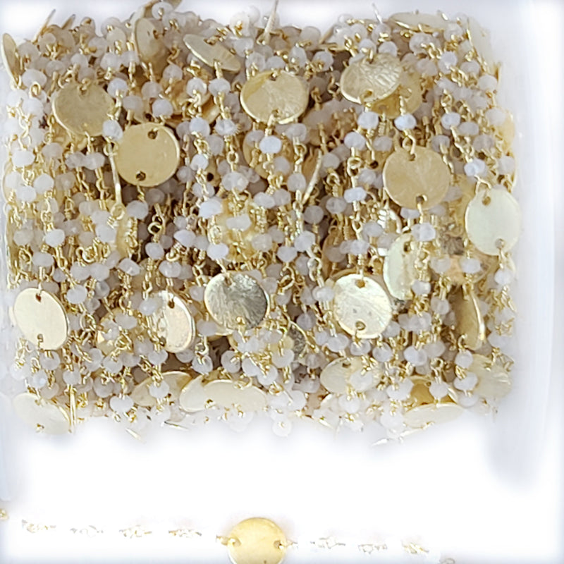 Rainbow Moonstone natural gemstone faceted rondelle bead rosary coin chain 24k gold plated over silver, women jewelry making necklaces, earrings, anklets, and bracelets.
