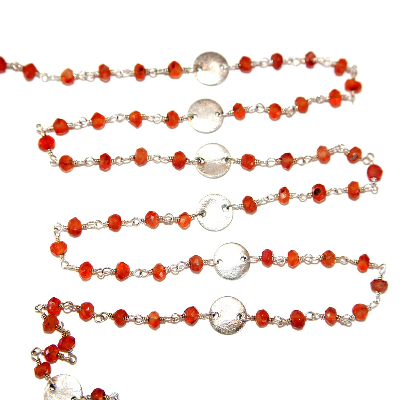 Carnelian natural gemstone faceted rondelle bead rosary coin chain silver, women jewelry making necklaces, earrings, anklets, and bracelets.