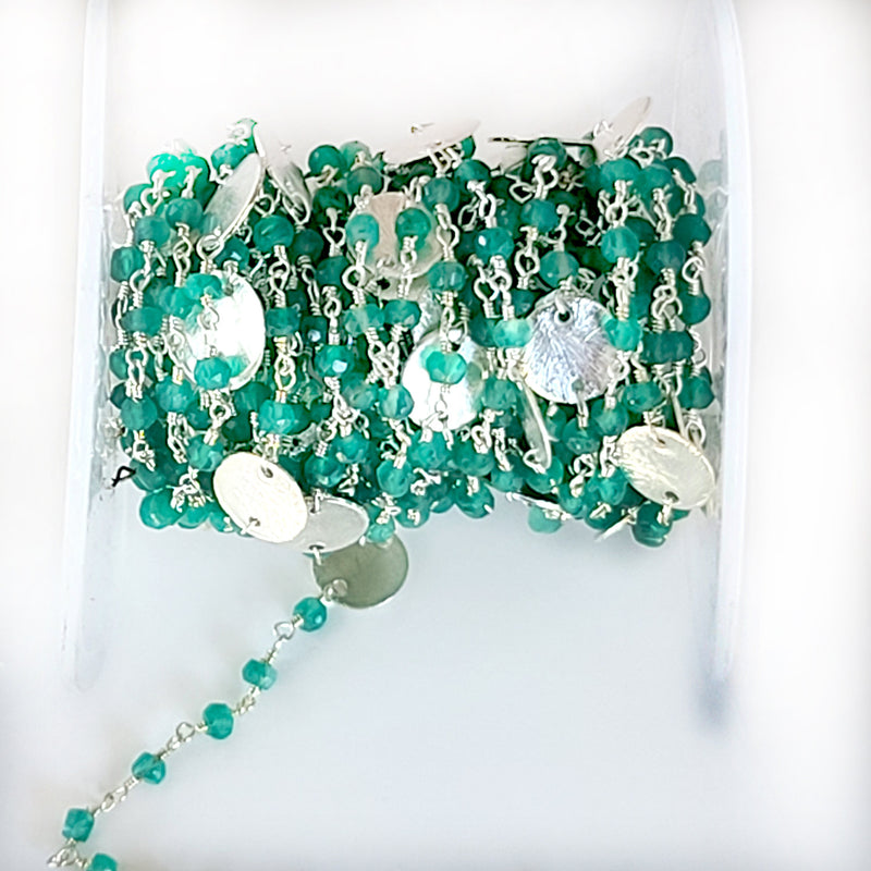 Green Onyx natural gemstone faceted rondelle bead rosary coin chain silver, women jewelry making necklaces, earrings, anklets, and bracelets.