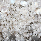 Rainbow Moonstone natural gemstone faceted rondelle bead rosary coin chain silver, women jewelry making necklaces, earrings, anklets, and bracelets.