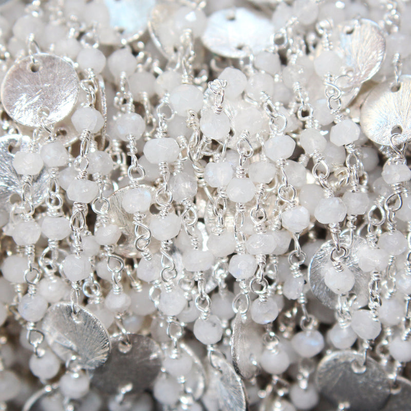 Rainbow Moonstone natural gemstone faceted rondelle bead rosary coin chain silver, women jewelry making necklaces, earrings, anklets, and bracelets.