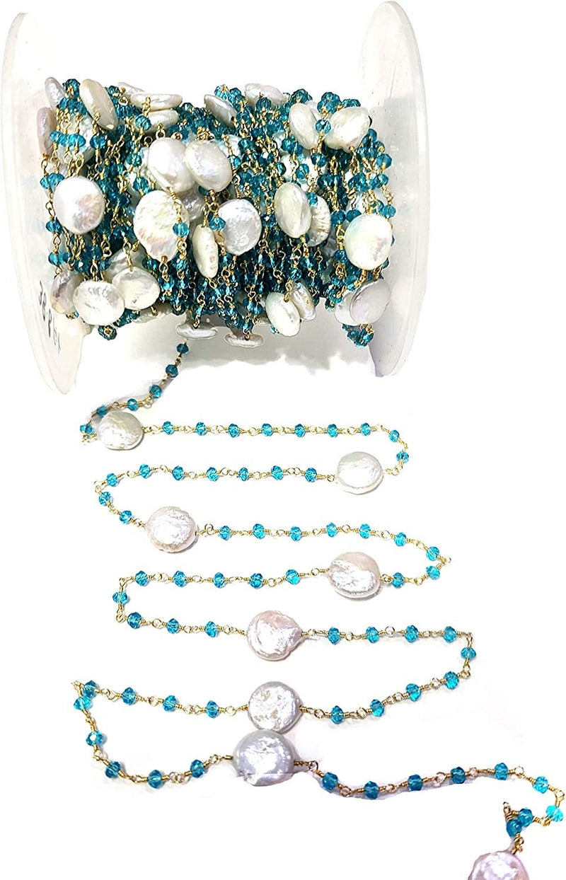 Blue Topaz and freshwater pearl gemstone faceted rondelle bead 3mm rosary chain 24k gold plated over silver, women jewelry making necklaces, earrings, anklets, and bracelets.