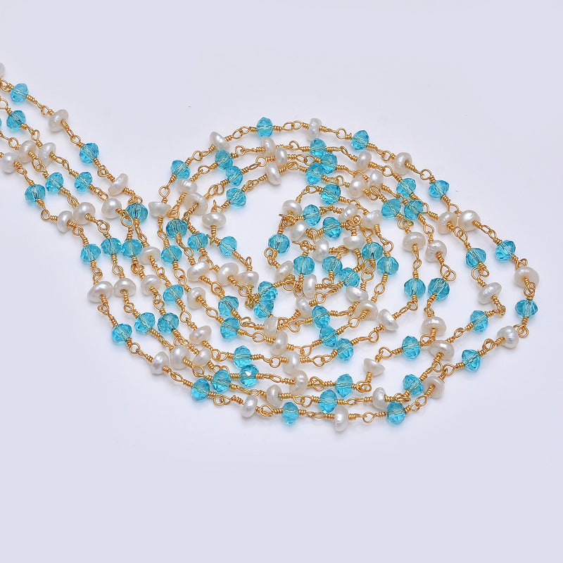 Blue Topaz and freshwater pearl gemstone faceted rondelle bead rosary chain 24k gold plated over silver, women jewelry making necklaces, earrings, anklets, and bracelets.