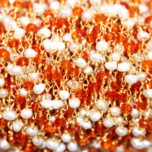 Carnelian and freshwater pearl gemstone faceted rondelle bead rosary chain 24k gold plated over silver, women jewelry making necklaces, earrings, anklets, and bracelets.
