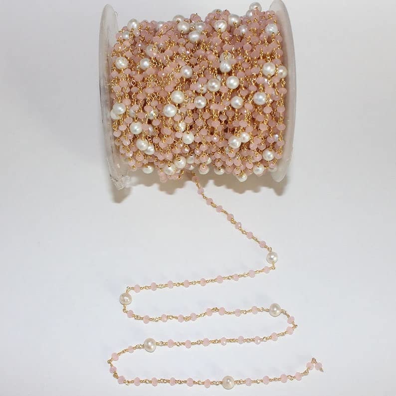 Pink Chalcedony and freshwater pearl gemstone faceted rondelle bead rosary chain 24k gold plated over silver, women jewelry making necklaces, earrings, anklets, and bracelets.