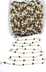 Dark Brown Pyrite and freshwater pearl gemstone faceted rondelle bead rosary chain 24k gold plated over silver, women jewelry making necklaces, earrings, anklets, and bracelets.