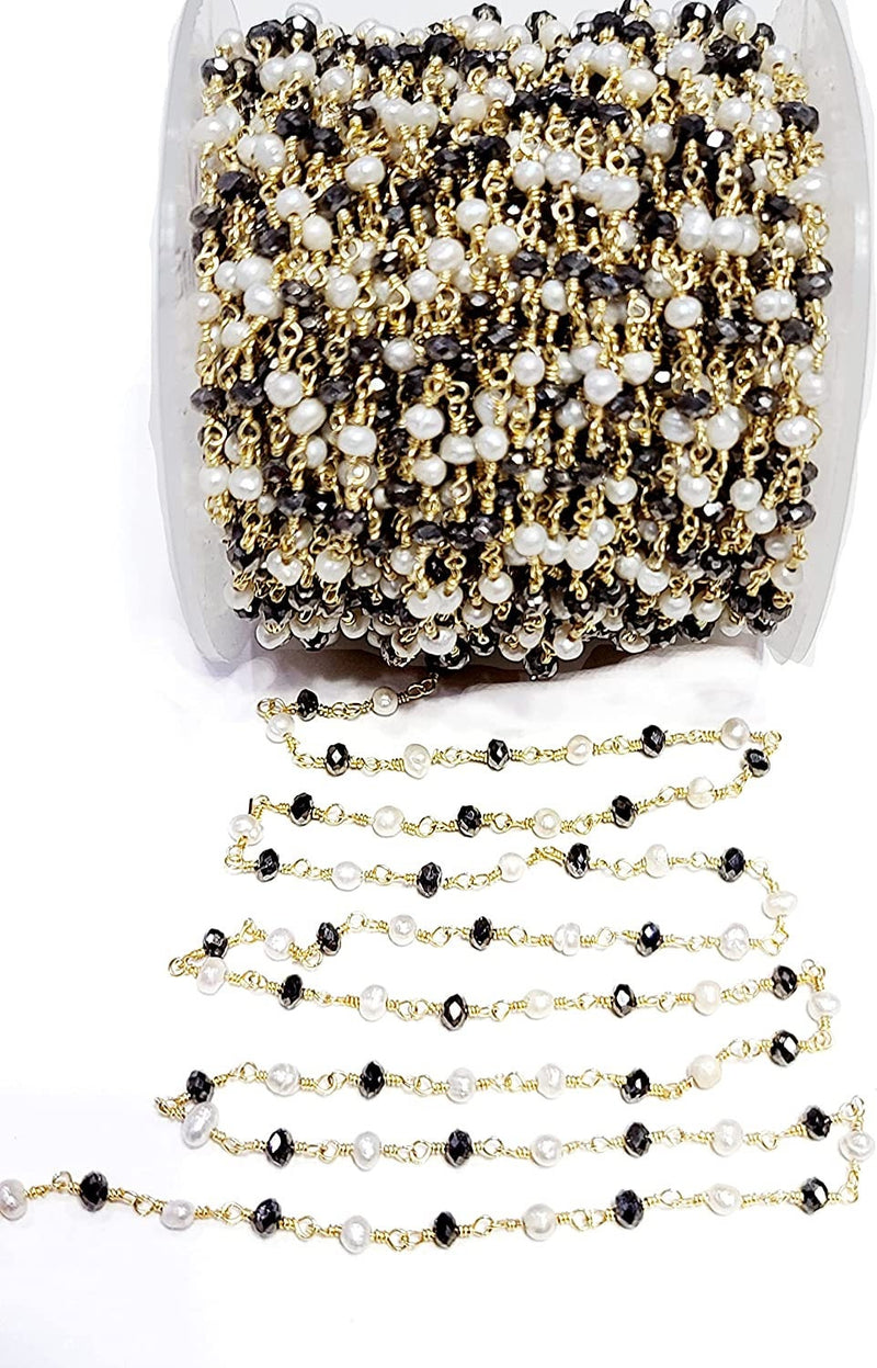 Dark Brown Pyrite and freshwater pearl gemstone faceted rondelle bead rosary chain 24k gold plated over silver, women jewelry making necklaces, earrings, anklets, and bracelets.