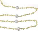 Green Chalcedony and freshwater pearl gemstone faceted rondelle bead 3mm rosary chain 24k gold plated over silver, women jewelry making necklaces, earrings, anklets, and bracelets.