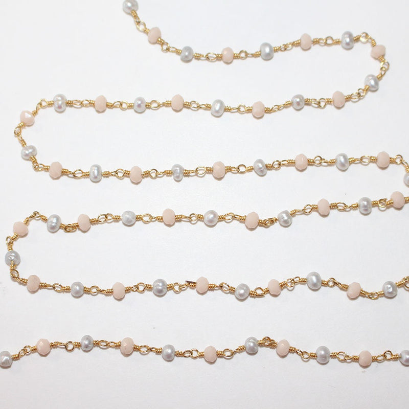 Pink Opal and freshwater pearl gemstone faceted rondelle bead 3mm rosary chain 24k gold plated over silver, women jewelry making necklaces, earrings, anklets, and bracelets.