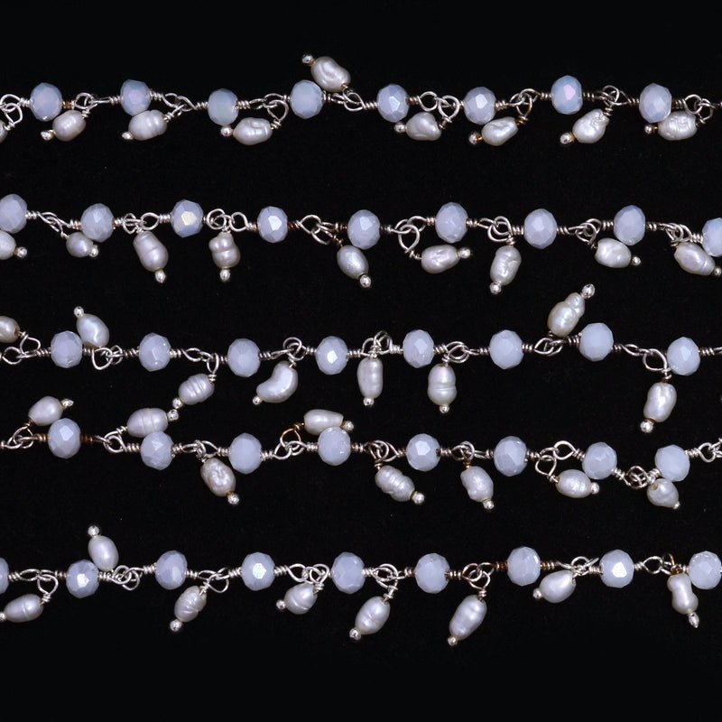 white chalcedony quartz gemstone bead chain silver, women jewelry making necklaces, earrings, and bracelets bead chain.