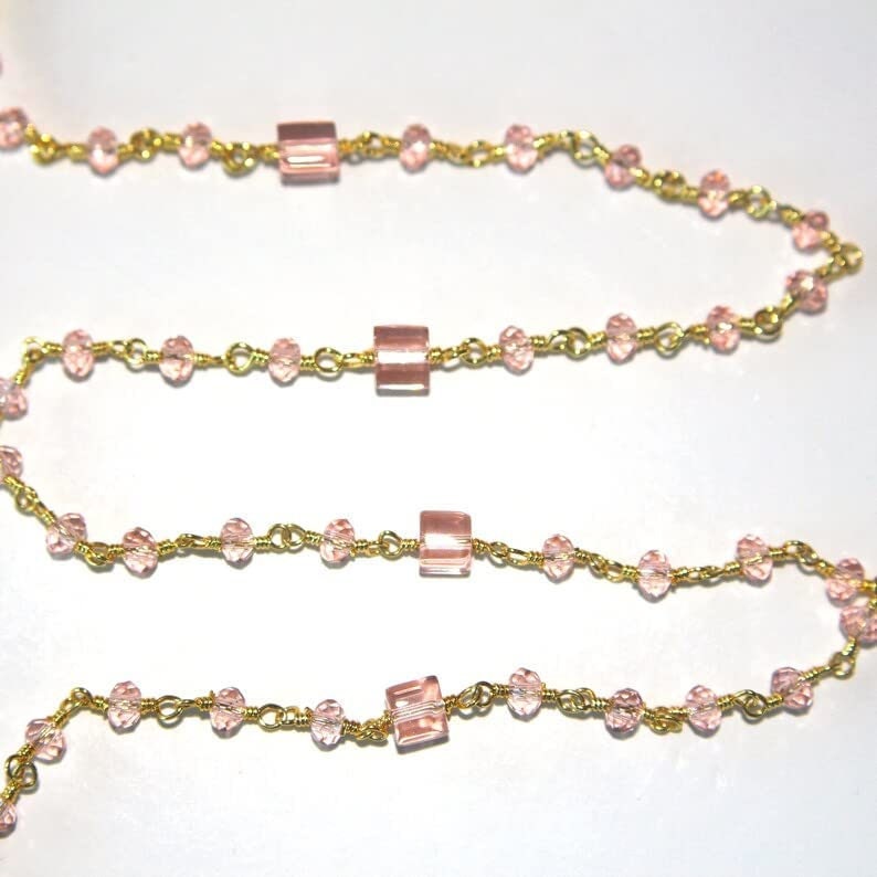 Rose Quartz gemstone faceted rondelle bead 3-4mm rosary chain 24k gold plated over silver, women jewelry making necklaces, earrings, anklets, and bracelets.