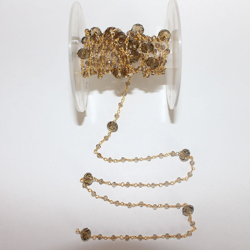 Smoky Quartz gemstone faceted rondelle bead 3-4mm rosary chain 24k gold plated over silver, women jewelry making necklaces, earrings, anklets, and bracelets.