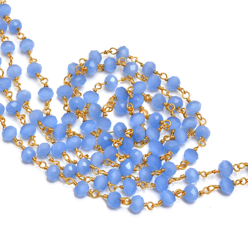 blue chalcedony quartz gemstone bead chain 24k gold plated over silver, women jewelry making necklaces, earrings, and bracelets bead chain.