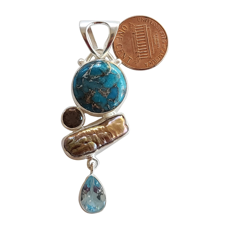 Turquoise, smoky topaz, blue topaz and freshwater pearl handmade gemstone pendants.