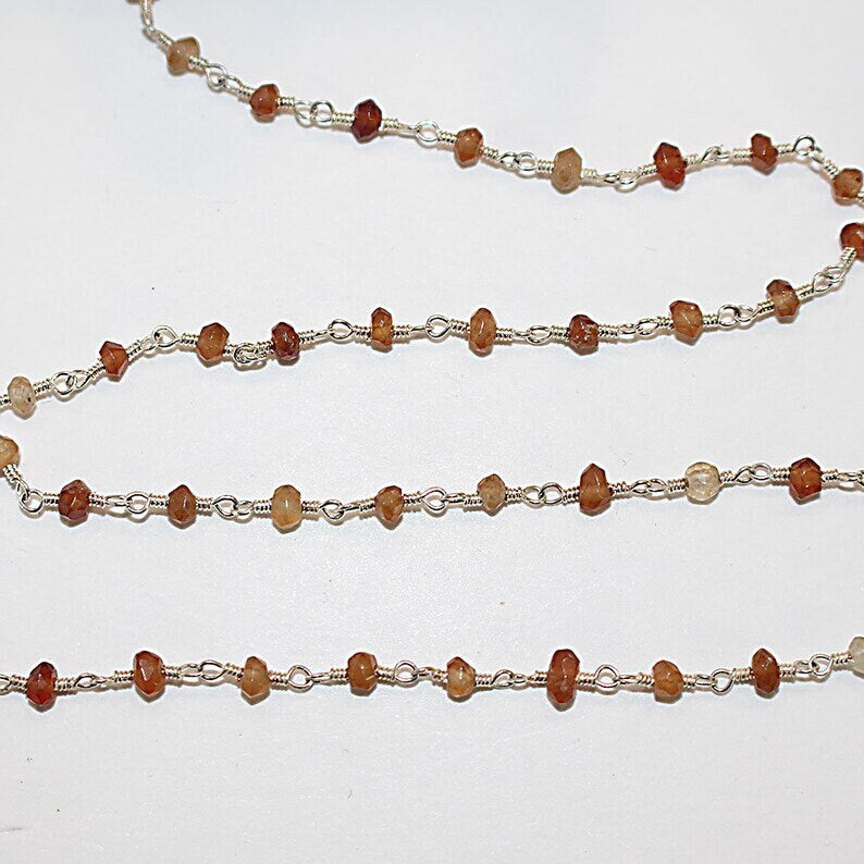 Hessonite Garnet natural semi-precious gemstone beads 3mm silver plated rosary chain for a necklace, earrings, anklet, and bracelet making.