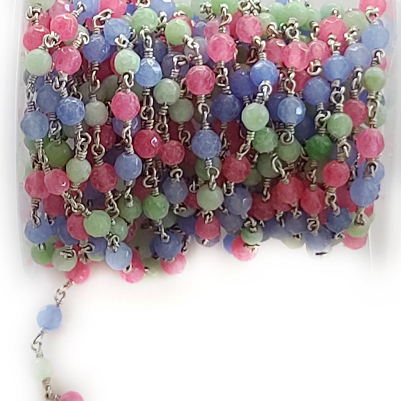 Multi Color Jade natural semi-precious gemstone beads 4mm silver plated rosary chain for a necklace, earrings, anklet, and bracelet making.