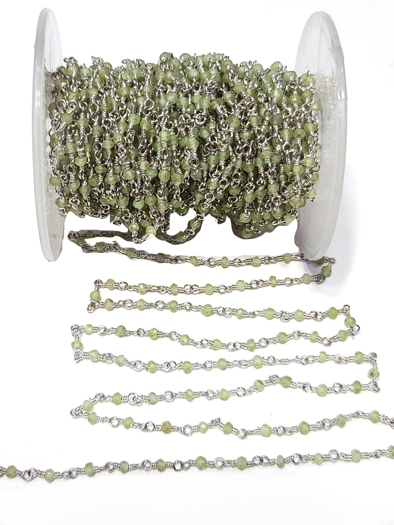 Peridot natural semi-precious gemstone beads 2mm silver plated rosary chain for a necklace, earrings, anklet, and bracelet making.