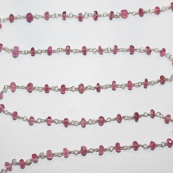Pink Tourmaline natural semi-precious gemstone beads 3mm rosary chain for a necklace, earrings, anklet, and bracelet making.