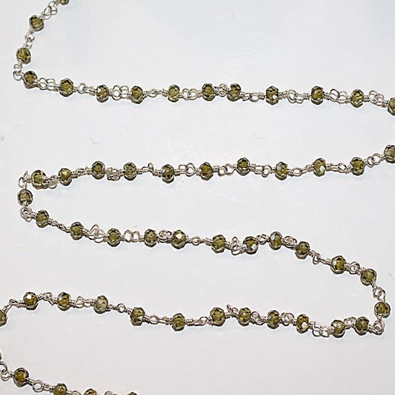 Zircon Peridot natural semi-precious gemstone beads 3mm silver plated rosary chain for a necklace, earrings, anklet, and bracelet making.