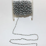 Aquamarine natural semi-precious gemstone beads 3mm antique black plated rosary chain for a necklace, earrings, anklet, and bracelet making.