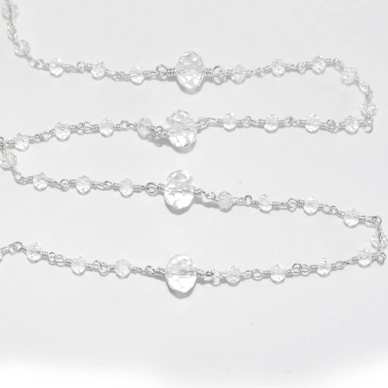Clear Quartz gemstone faceted rondelle bead 3-4mm rosary coin chain silver, women jewelry making necklaces, earrings, anklets, and bracelets.