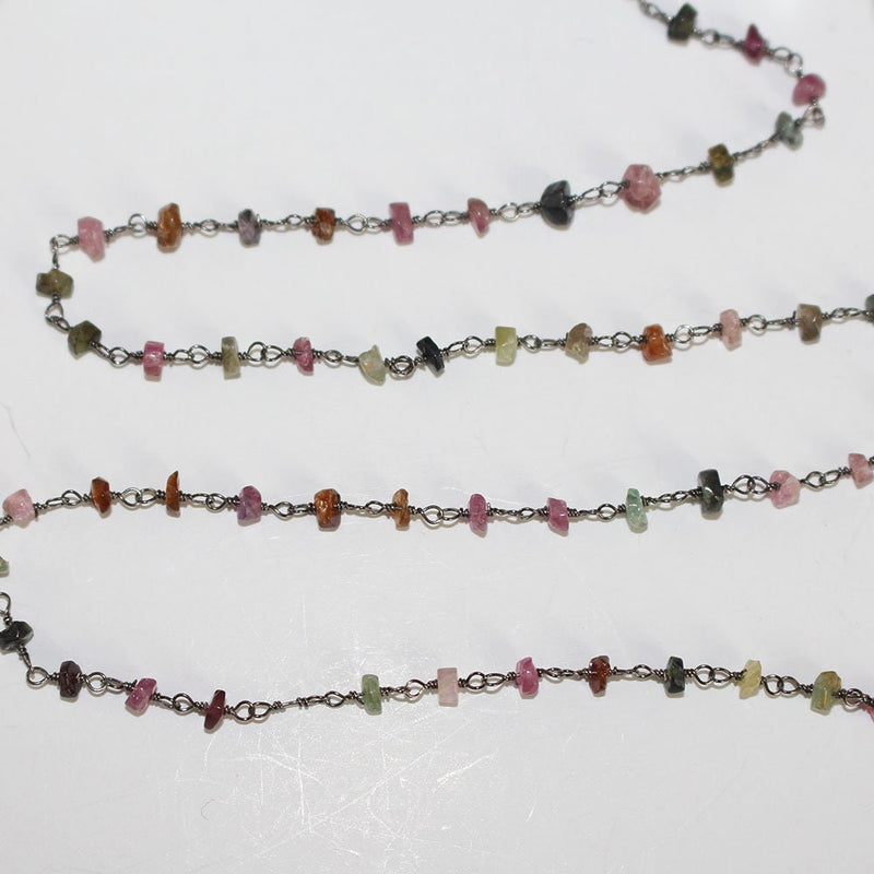 Multi Color Tourmaline natural semi-precious gemstone beads 3mm antique black oxidized rosary chain for a necklace, earrings, anklet, and bracelet making.
