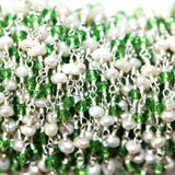 Peridot and freshwater pearl gemstone faceted rondelle bead rosary chain silver, women jewelry making necklaces, earrings, anklets, and bracelets.