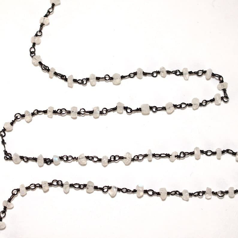Rainbow Moonstone natural semi-precious gemstone beads 3mm antique black oxidized rosary chain for a necklace, earrings, anklet, and bracelet making.