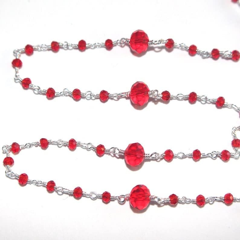 Red Garnet gemstone faceted rondelle bead 3-4mm rosary chain silver, women jewelry making necklaces, earrings, anklets, and bracelets.