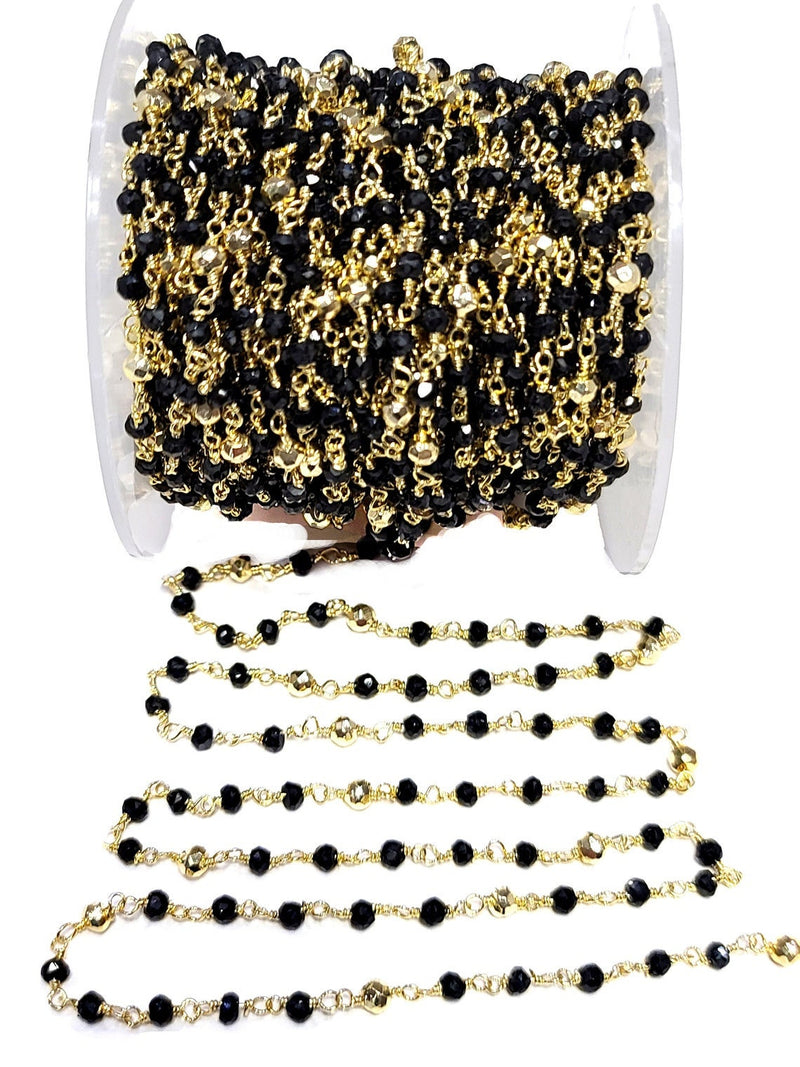 Black Onyx and Pyrite natural gemstone faceted rondelle bead rosary coin chain 24k gold plated over silver, women jewelry making necklaces, earrings, anklets, and bracelets.