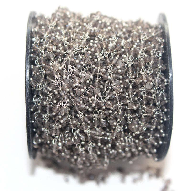 smoky natural semi-precious gemstone beads silver rosary chain for a necklace, earrings, anklet, and bracelet making.