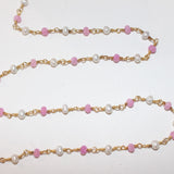 Fuschia Pink Chalcedony and freshwater pearl natural gemstone faceted rondelle bead rosary coin chain 24k gold plated over silver, women jewelry making necklaces, earrings, anklets, and bracelets.