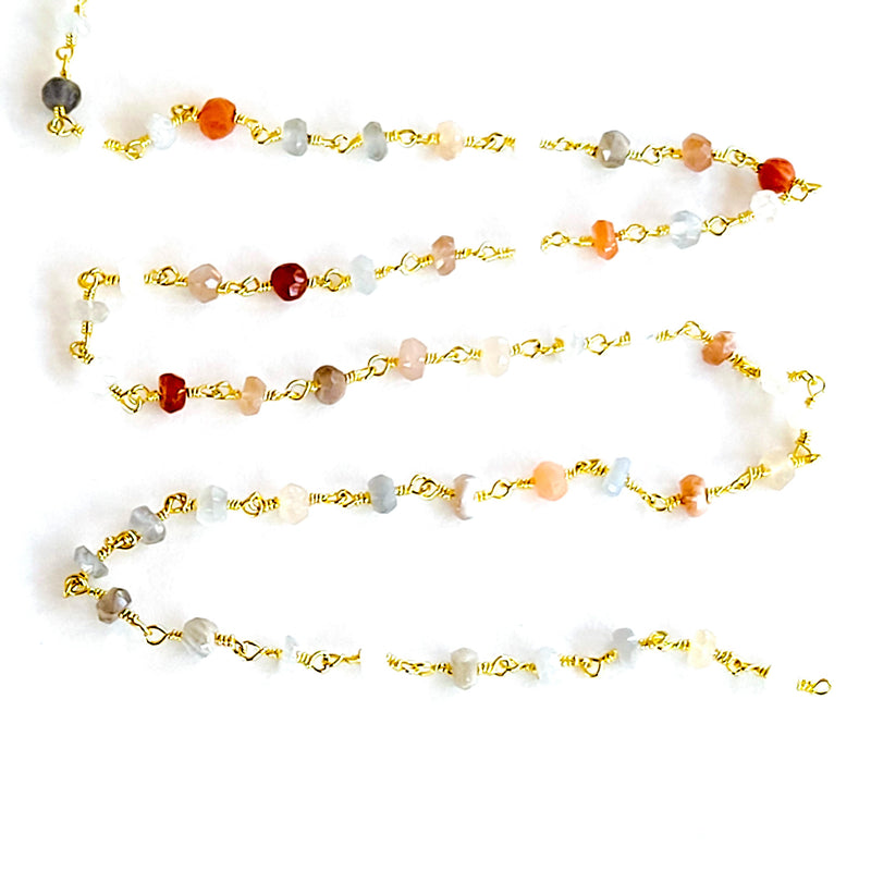 multi moonstone natural semi-precious gemstone beads 24k gold plated over silver rosary chain for a necklace, earrings, anklet, and bracelet making.