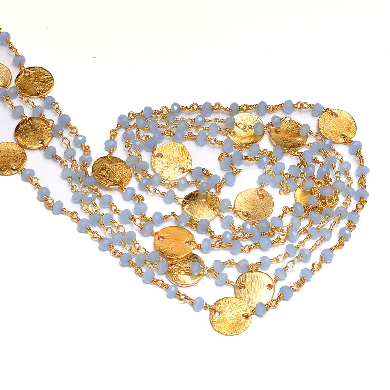 Blue Chalcedony gemstone faceted rondelle bead rosary coin chain 24k gold plated over silver, women jewelry making necklaces, earrings, anklets, and bracelets.