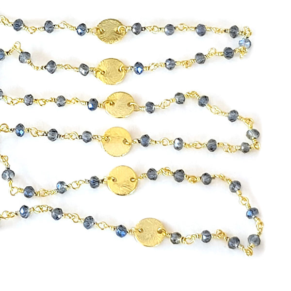 London Blue Topaz gemstone faceted rondelle bead rosary coin chain women jewelry making necklaces, earrings, anklets, and bracelets.