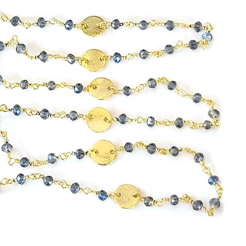 London Blue Topaz gemstone faceted rondelle bead rosary coin chain women jewelry making necklaces, earrings, anklets, and bracelets.