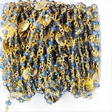 London Blue Topaz gemstone faceted rondelle bead rosary coin chain 24k gold plated over silver, women jewelry making necklaces, earrings, anklets, and bracelets.