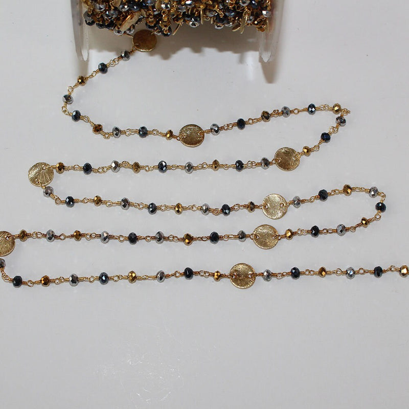 Multi Color Pyrite gemstone faceted rondelle bead rosary coin chain 24k gold plated over silver, women jewelry making necklaces, earrings, anklets, and bracelets.