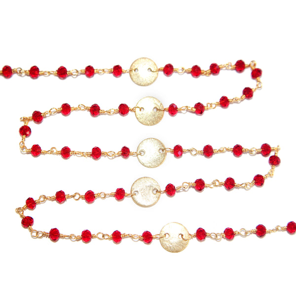 Red Garnet gemstone faceted rondelle bead rosary coin chain 24k gold plated over silver, women jewelry making necklaces, earrings, anklets, and bracelets.
