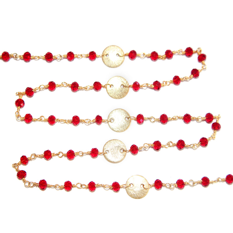 Red Garnet gemstone faceted rondelle bead rosary coin chain 24k gold plated over silver, women jewelry making necklaces, earrings, anklets, and bracelets.