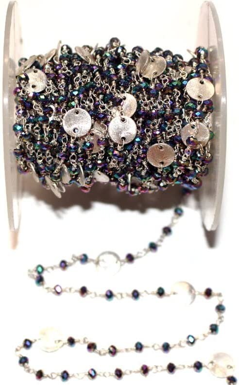 Peacock Pyrite gemstone faceted rondelle bead rosary coin silver, chain women jewelry making necklaces, earrings, anklets, and bracelets.
