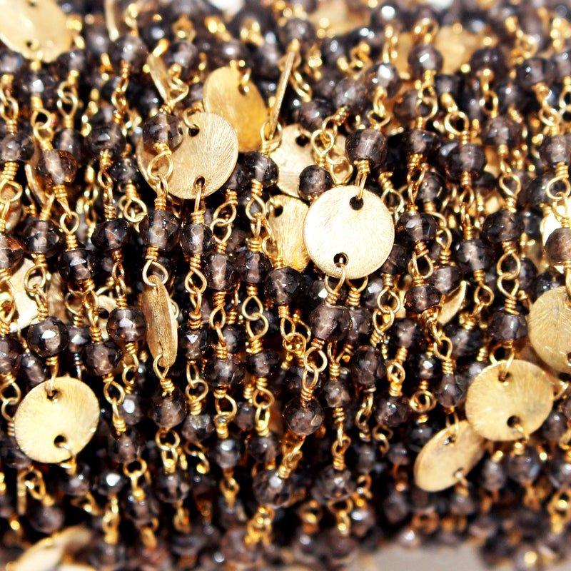 Smoky Quartz natural gemstone faceted rondelle bead rosary coin chain 24k gold plated over silver, women jewelry making necklaces, earrings, anklets, and bracelets.