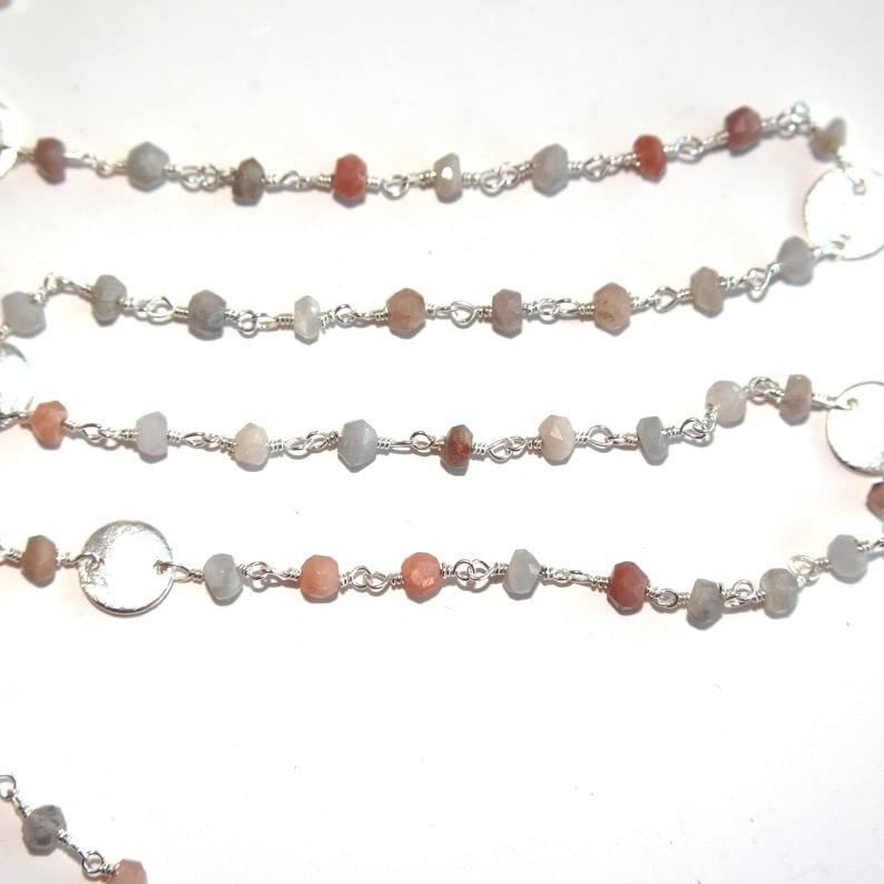 Multi Moonstone natural gemstone faceted rondelle bead rosary coin chain silver, women jewelry making necklaces, earrings, anklets, and bracelets.