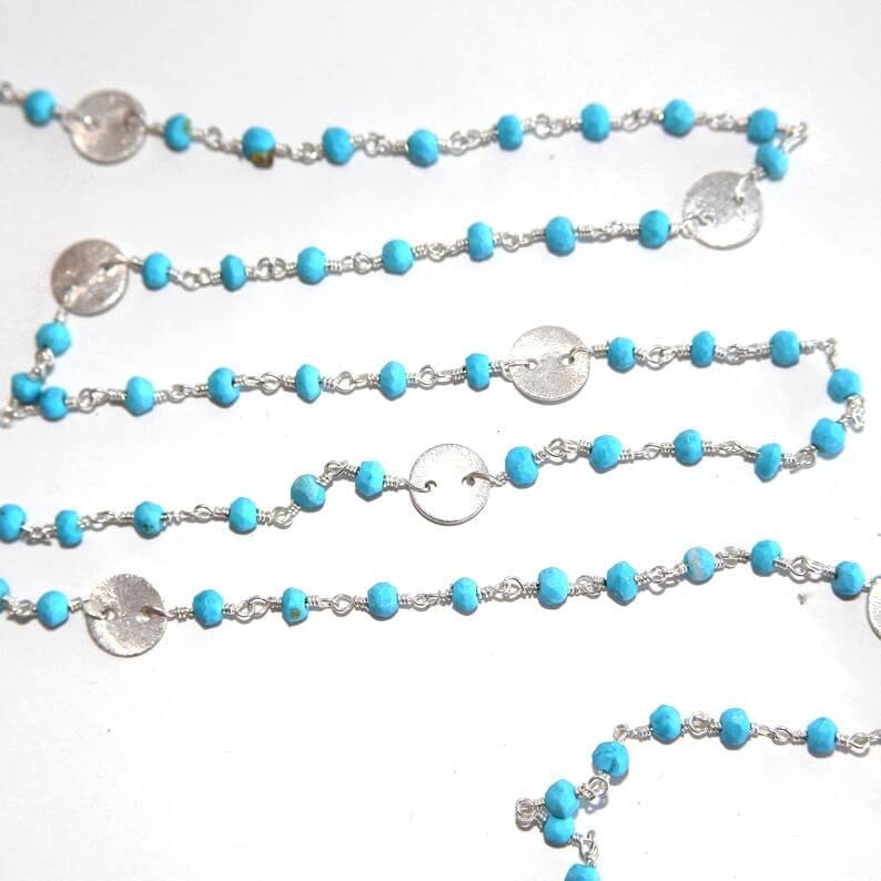 Turquoise natural gemstone faceted rondelle bead rosary coin chain silver, women jewelry making necklaces, earrings, anklets, and bracelets.
