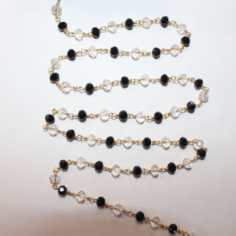 Black Spinel and Clear Quartz gemstone faceted rondelle bead 3-4mm rosary chain 24k gold plated over silver, women jewelry making necklaces, earrings, anklets, and bracelets.
