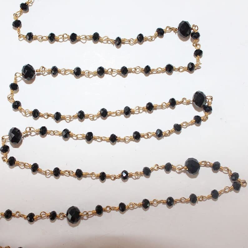 Black Spinel gemstone faceted rondelle bead 3-4mm rosary chain 24k gold plated over silver, women jewelry making necklaces, earrings, anklets, and bracelets.